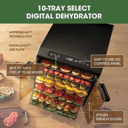 Excalibur Electric Food Dehydrator Performance Series 10-Tray with Adjustable Temperature Control Includes Stainless Steel Drying Trays Glass Door Top View Window and LED Display Progress Bar, Black in Saudi Arabia