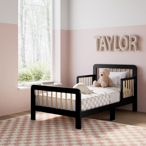 Storkcraft Pasadena Toddler Bed (Black with Driftwood) - GREENGUARD Gold Certified, Fits Standard Full-Size Crib & Toddler Mattress, Toddler Safety Guardrails Included, Complete Design with Footboard in Saudi Arabia