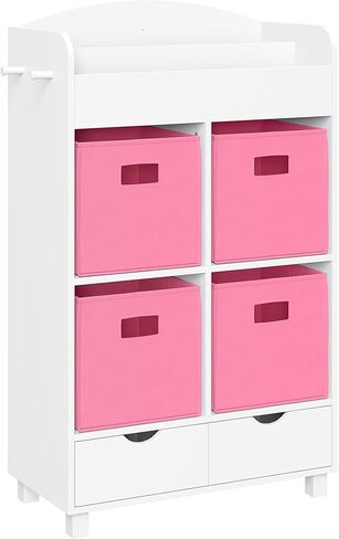 رف الكتب المنزلي من RiverRidge للأطفال، خزانة تخزين الألعاب مع منطقة زاوية الكتب المكعبات - 4 مكعبات، حامل كتب ذو فتحتين، 2 صناديق قابلة للطي باللون الرمادي الداكن و2 أدراج وخطافات لألعاب الأطفال والألعاب وتخزين الكتب in Kuwait