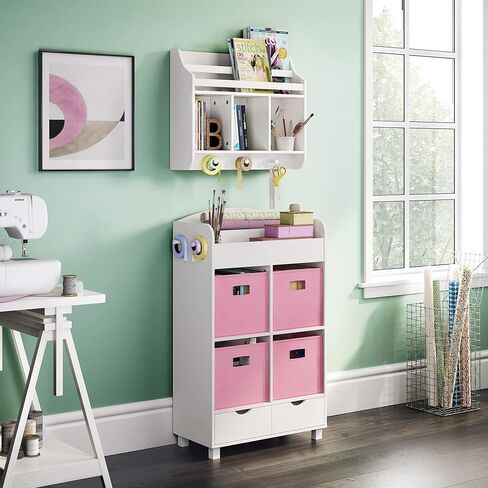 رف الكتب المنزلي من RiverRidge للأطفال، خزانة تخزين الألعاب مع منطقة زاوية الكتب المكعبات - 4 مكعبات، حامل كتب ذو فتحتين، 2 صناديق قابلة للطي باللون الرمادي الداكن و2 أدراج وخطافات لألعاب الأطفال والألعاب وتخزين الكتب in Kuwait