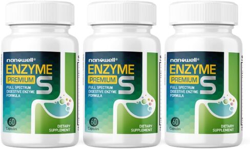 NANOWELL Enzyme Premium S Digestive Health Supplement, Multi Enzymes, Bromelain from Pineapple, Papain from Papaya - 60 Capsules X 3 Bottles (180 Count) in Kuwait