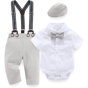 Hresadio Baby Boy Clothes Formal Suit, Gentleman Outfit Dress Romper + Suspender Pants + Beret Hat + Bowtie Toddler Set