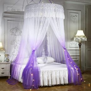 Mengersi Pirncess Bed Canopy for Girls & Adults with Lights,Round Dome Ombre Canopy Bed Curtains Mosquito Net Play Tent for Kids Teen Adult King Queen Full Double Bed (Round Canopy + Led Lights)