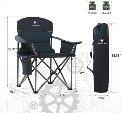 GREEN PARTY Folding Camping Chairs Oversized Heavy Duty Lawn Chair with Cooler Bag, Cup Holder, Storage Pocket, Collapsible Padded Outdoor Arm Chair, Quad Lumbar Back Chair Supports 450LBS, Green in Saudi Arabia