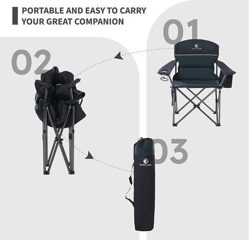GREEN PARTY Folding Camping Chairs Oversized Heavy Duty Lawn Chair with Cooler Bag, Cup Holder, Storage Pocket, Collapsible Padded Outdoor Arm Chair, Quad Lumbar Back Chair Supports 450LBS, Green in Saudi Arabia