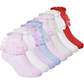Haysandy 8 أزواج من الجوارب للفتيات الصغيرات، جوارب مكشكشة للأطفال، جوارب لطيفة من الدانتيل، جوارب قطنية للفتيات المراهقات
