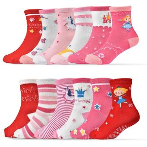 ELUTONG 12 Pairs Toddler Girls Grip Socks Baby Cartoon Non Skid Crew Socks for 0-7Years Babies Infants Toddlers Kids Gifts