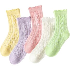 Meeshine 5 Pairs Baby Girls Ruffle Thin Mesh Socks Toddler Frilly Dress Summer Eyelet Cotton Ankle Socks for Kids 1-8T