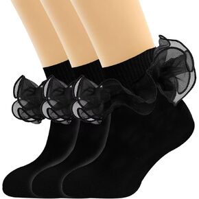 3 Pairs Girls Ruffle Socks,Double Lace Socks Frilly Socks Cotton Dress Socks Turn Cuff Socks Pageant Socks for Girls