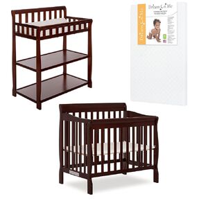 Nursery Essentials Bundle of Dream On Me Aden Convertible 4-in-1 Mini Crib, Dream On Me Ashton Changing-Table, with a Dream On Me Sunset 3" Extra Firm Fiber Portable Crib Mattress