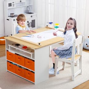 Kids Art Table and Chairs Set, Living and Learning Kids' Art Table and Stool Set with Large Storage Desk and Portable Art Supply Organizer, Kids Activity Table, Drawing and Painting Desk