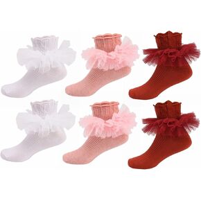 WBZOTSS 3 Ruffle Socks Toddler Girls Imitation Pearl/Gold/Silver Turn Cuff Big Ruffles Trim Dress Socks