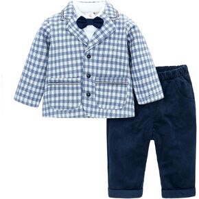 Toddler Boy Plaid Tuxedo Shirt + Pants + Suit Coat Gentleman Outfit Baby Formal Suits