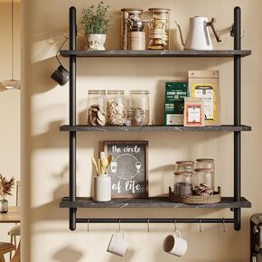 Bestier Pipe Ladder Shelf 38" Wall Mounted Floating Shelves Industrial 3 Tier Hanging Bracket Bookshelf Plant Stand with Towel Bar and Hooks in Living Room Kitchen, Rustic Brown in Kuwait