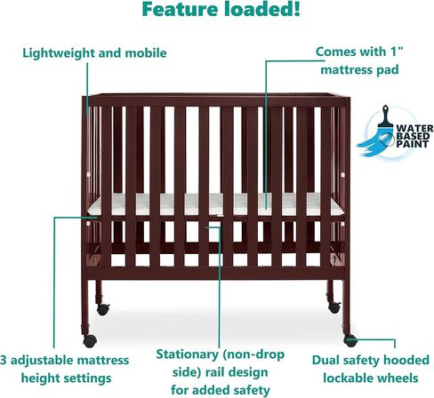 Jett Non-Full Size Folding Convertible Crib, Lightweight Portable Crib, Three Adjustable Mattress Height Settings, Easy to Fold Travel Crib, 1.5" Mattress Pad Included in Saudi Arabia