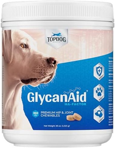 Topdog Health - غليكانيد HA الجلوكوزامين للكلاب مكمل للورك والمفاصل - مضغ لمفاصل الكلاب مصنوع في الولايات المتحدة الأمريكية - حمض الهيالورونيك للعناية بالورك والمفاصل للكلاب - تخفيف آلام مفاصل الكلاب مع Cetyl M للكلاب in Kuwait