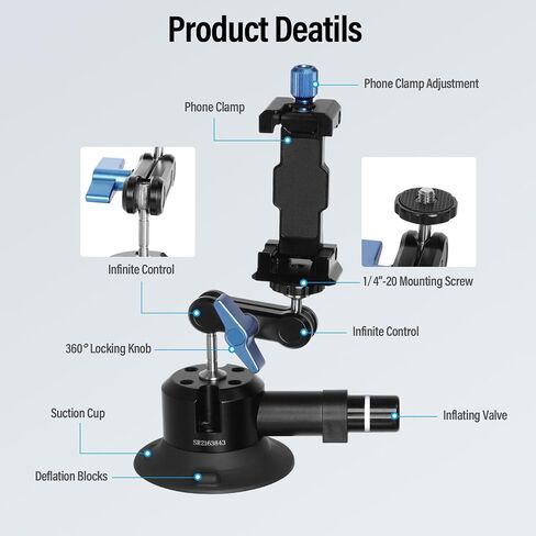 SIRUI Articulating Camera Mount Clamp with Phone Holder, Magic Arm Camera Super Clamp with 1/4"-20 Thread and 3/8"-16 ARRI Locating Hole, Ball Head Mount for GoPro Camera Monitor Bicycle, MA-GK, Black in Saudi Arabia