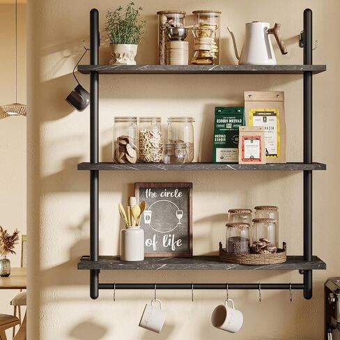 Bestier Pipe Ladder Shelf 38" Wall Mounted Floating Shelves Industrial 3 Tier Hanging Bracket Bookshelf Plant Stand with Towel Bar and Hooks in Living Room Kitchen, Rustic Brown in Kuwait