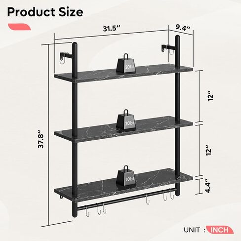 Bestier Pipe Ladder Shelf 38" Wall Mounted Floating Shelves Industrial 3 Tier Hanging Bracket Bookshelf Plant Stand with Towel Bar and Hooks in Living Room Kitchen, Rustic Brown in Kuwait