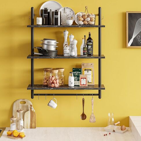 Bestier Pipe Ladder Shelf 38" Wall Mounted Floating Shelves Industrial 3 Tier Hanging Bracket Bookshelf Plant Stand with Towel Bar and Hooks in Living Room Kitchen, Rustic Brown in Kuwait