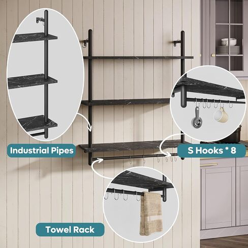 Bestier Pipe Ladder Shelf 38" Wall Mounted Floating Shelves Industrial 3 Tier Hanging Bracket Bookshelf Plant Stand with Towel Bar and Hooks in Living Room Kitchen, Rustic Brown in Kuwait