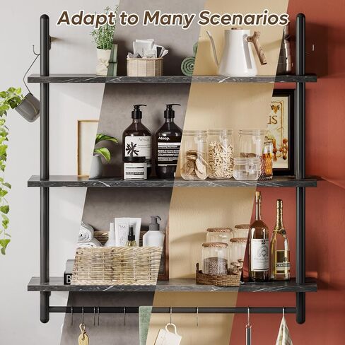 Bestier Pipe Ladder Shelf 38" Wall Mounted Floating Shelves Industrial 3 Tier Hanging Bracket Bookshelf Plant Stand with Towel Bar and Hooks in Living Room Kitchen, Rustic Brown in Kuwait