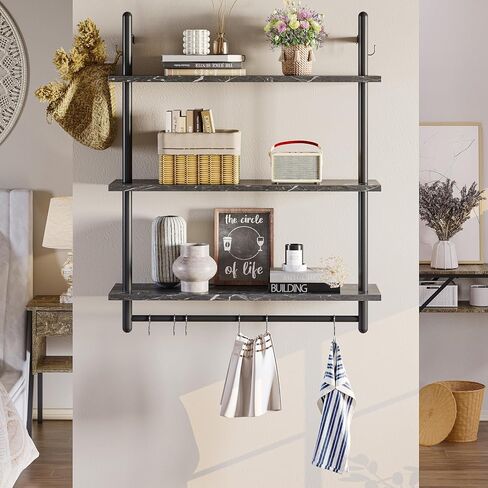 Bestier Pipe Ladder Shelf 38" Wall Mounted Floating Shelves Industrial 3 Tier Hanging Bracket Bookshelf Plant Stand with Towel Bar and Hooks in Living Room Kitchen, Rustic Brown in Kuwait