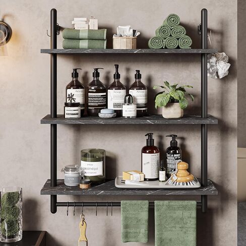 Bestier Pipe Ladder Shelf 38" Wall Mounted Floating Shelves Industrial 3 Tier Hanging Bracket Bookshelf Plant Stand with Towel Bar and Hooks in Living Room Kitchen, Rustic Brown in Kuwait