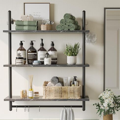 Bestier Pipe Ladder Shelf 38" Wall Mounted Floating Shelves Industrial 3 Tier Hanging Bracket Bookshelf Plant Stand with Towel Bar and Hooks in Living Room Kitchen, Rustic Brown in Kuwait