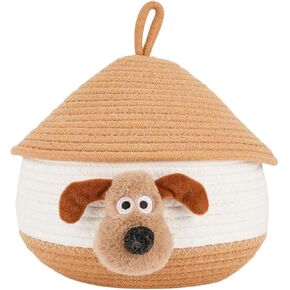 Woven Storage Basket with Lid Cute Animal Dog Basket Toy Organizers Cotton Rope Storage For Living Room Area Decorative Cotton Rope Boxes Aesthetic with Handle- 8.6"*8.6"- Brown