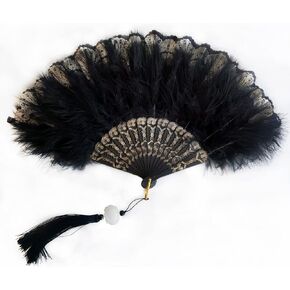 Huralona 1920s Vintage Style Flapper Hand Fan Embroidered Flower Marabou Feather Fan (Glitter Red)