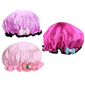 Bath Reusable Shower Caps Designed for Baby, Kids, Children,Long/Thick Hair, Cute, Waterproof, Cartoon Animal, Double Layer Bathing Hat for Boys, Girls, 3 PACK(Pink Cat, Khaki Bear, Purple Rabbit)