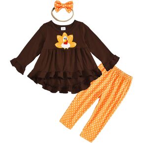 WOLBAY Thanksgiving Outfit Toddler Girl Turkey Printed Skirt+Polka Dot Pants+Headband 3Pc Thanksgiving Baby Girl Outfit