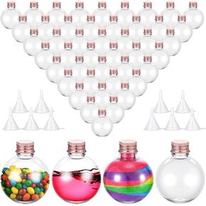 FoldTier 48 Pcs Spherical Bottles with Lids 3.4 oz Plastic Potion Bottles Ball Shape Round Bottles Sand Art Bottles with 10 Pcs Funnels for Christmas Decorative Candy Jars(Wood Color, Cork Stopper) in Kuwait