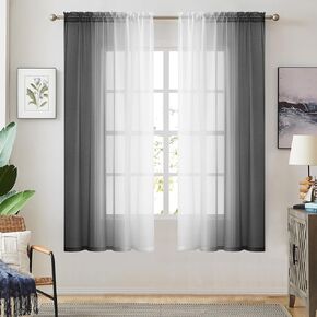 Black Ombre Faux Linen Sheer Curtains for Bedroom Living Room Rod Pocket, 2 Tone Reversible Gradient Voile Semi Window Curtains,Privacy and Light Filtering, Set of 2 Panels, 54 x 63 Inch Length in Kuwait