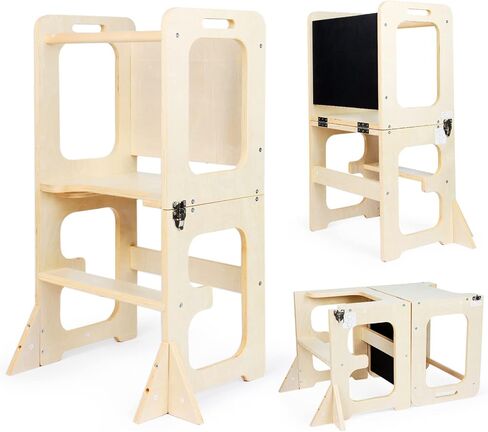 Asweets 4 in 1 Toddler Learning Standing Tower, Toddler Step Stool Table Combo, Wooden Kitchen Step Stool for Toddlers with Chalkboard, Anti-Slip Protection, Ideal Helping Tower for Toddlers in Saudi Arabia