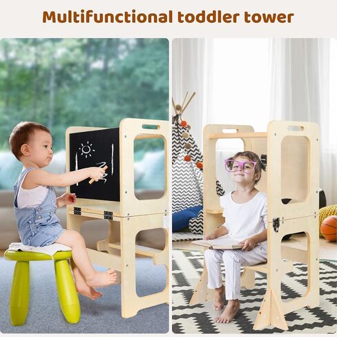 Asweets 4 in 1 Toddler Learning Standing Tower, Toddler Step Stool Table Combo, Wooden Kitchen Step Stool for Toddlers with Chalkboard, Anti-Slip Protection, Ideal Helping Tower for Toddlers in Saudi Arabia