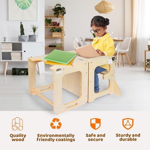 Asweets 4 in 1 Toddler Learning Standing Tower, Toddler Step Stool Table Combo, Wooden Kitchen Step Stool for Toddlers with Chalkboard, Anti-Slip Protection, Ideal Helping Tower for Toddlers in Saudi Arabia