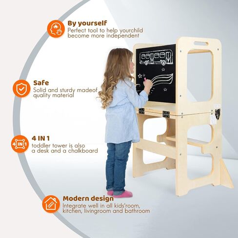 Asweets 4 in 1 Toddler Learning Standing Tower, Toddler Step Stool Table Combo, Wooden Kitchen Step Stool for Toddlers with Chalkboard, Anti-Slip Protection, Ideal Helping Tower for Toddlers in Saudi Arabia