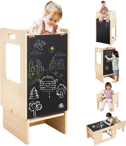 Asweets 4 in 1 Toddler Learning Standing Tower, Toddler Step Stool Table Combo, Wooden Kitchen Step Stool for Toddlers with Chalkboard, Anti-Slip Protection, Ideal Helping Tower for Toddlers in Saudi Arabia