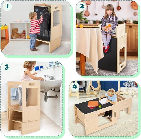 Asweets 4 in 1 Toddler Learning Standing Tower, Toddler Step Stool Table Combo, Wooden Kitchen Step Stool for Toddlers with Chalkboard, Anti-Slip Protection, Ideal Helping Tower for Toddlers in Saudi Arabia