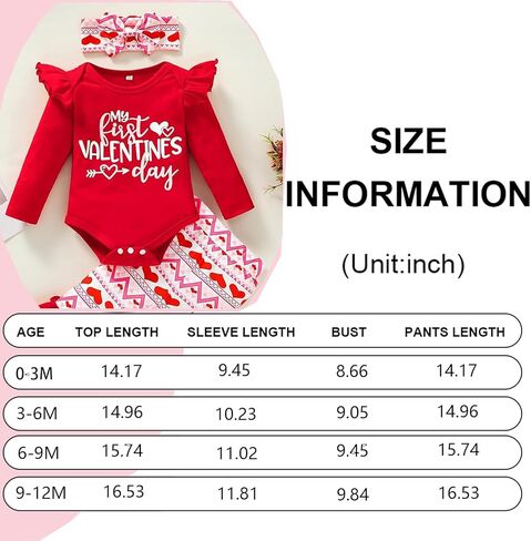 GRNSHTS ملابس طفلة عيد الحب الأول بأكمام طويلة رومبير مكشكش سروال ذو جرس سفلي 3 قطعة ملابس على شكل قلب الحب in Kuwait