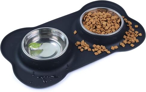 Pet Deluxe Dog Bowls Stainless Steel Dog Food Water Bowl Set with Stand, Feeding Bowls No Spill Non-Skid Silicone Mat, Dog Dishes for Small Medium Large Size Dog Pet Cat Puppy Food Bowl, Black, 4 Cup in Kuwait