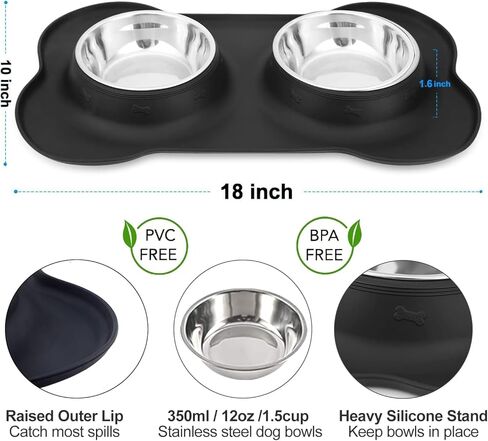 Pet Deluxe Dog Bowls Stainless Steel Dog Food Water Bowl Set with Stand, Feeding Bowls No Spill Non-Skid Silicone Mat, Dog Dishes for Small Medium Large Size Dog Pet Cat Puppy Food Bowl, Black, 4 Cup in Kuwait