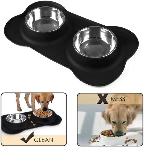 Pet Deluxe Dog Bowls Stainless Steel Dog Food Water Bowl Set with Stand, Feeding Bowls No Spill Non-Skid Silicone Mat, Dog Dishes for Small Medium Large Size Dog Pet Cat Puppy Food Bowl, Black, 4 Cup in Kuwait