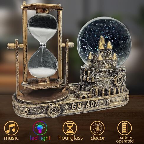كرة ثلجية كريستالية LED مع مؤقت رملي للساعة الرملية، صندوق موسيقى موسيقي عتيق على شكل كرة ثلجية، زخرفة قلعة نحاسية لخزانة رف الكتب وغرفة المعيشة in Saudi Arabia