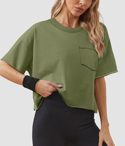 تي شيرت نسائي كبير الحجم من ATHMILE بأكمام قصيرة تي شيرت قصير للتمرين بكتف منسدل غير رسمي بحاشية دوارة أساسية فضفاضة in Kuwait