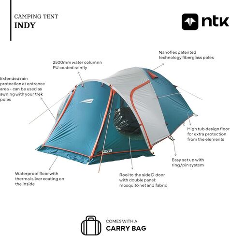 خيمة خارجية NTK Indy GT 4/6/8 أشخاص للتخييم | خيمة تخييم بواجهة أمامية ومظلة ممتدة| قبة مقاومة للماء بنسبة 100% وشبكة مسامية | خيمة 3 مواسم | خيمة سهلة الإعداد in Kuwait