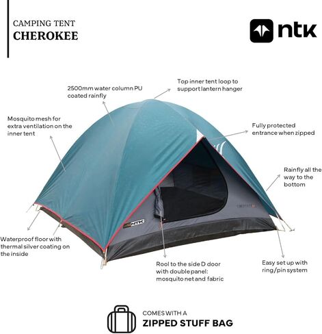 NTK Cherokee GT 2/4/8 شخص خيمة تخييم عائلية بقبة خارجية 100% مقاومة للماء 2500 مم، سهلة التجميع، قماش متين تغطية كاملة من المطر in Saudi Arabia