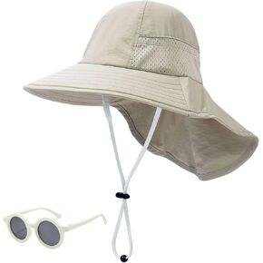 Baby Sun Hat Toddler Kids Boys Girls Wide Brim Beach Hats with Sunglasses UPF 50+ Plain Caps with Neck Flap